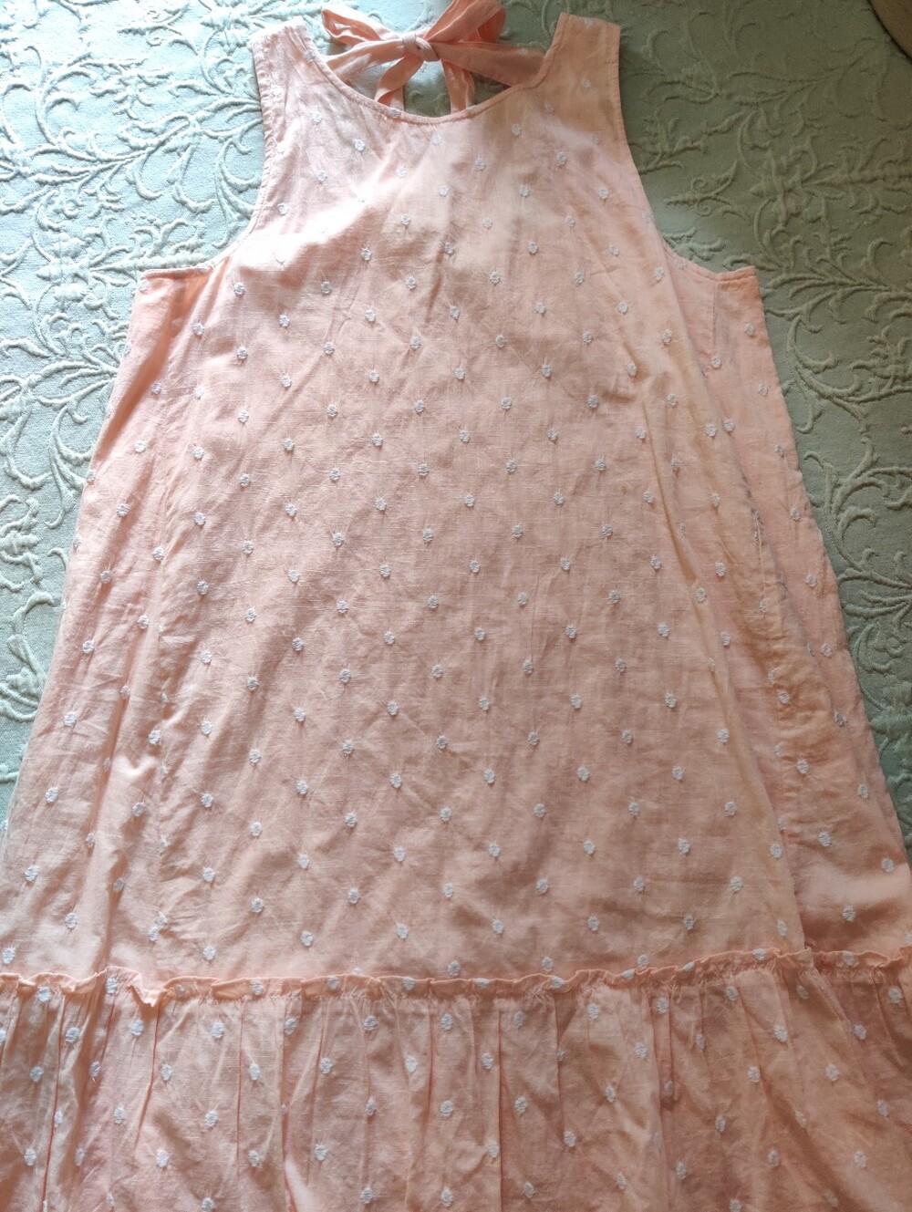 Cotton Sleeveless Swiss-Dot Peach Midi Dress Lined Ruffle Hem Loft Casual Size S